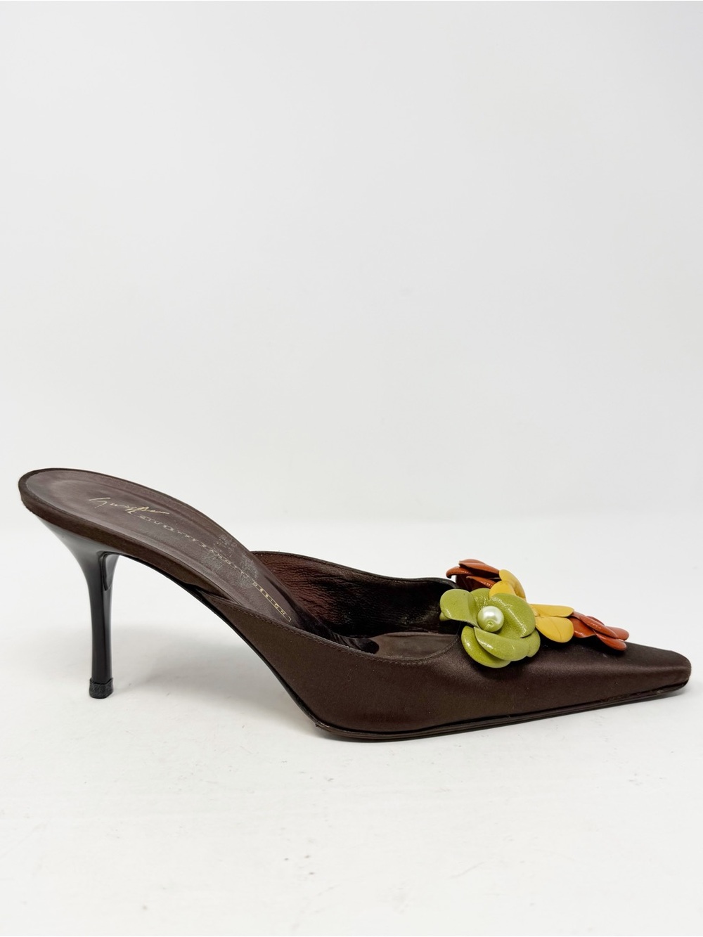 Giuseppe Zanotti Floral Mule Heels Brown Satin Pointed Toe Womens Size EU 39 - Picture 5 of 10